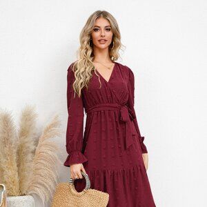 Swiss Dot Tied Surplice Flounce Sleeve Dress